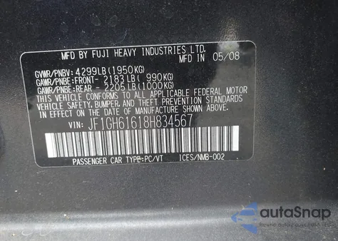 2008 Subaru Impreza 2.5I z USA, uszkodzony, nr VIN JF1GH61618H834567